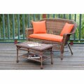 Jeco Honey Wicker Patio Love Seat And Coffee Table Set With Orange Cushion W00205-LCS016